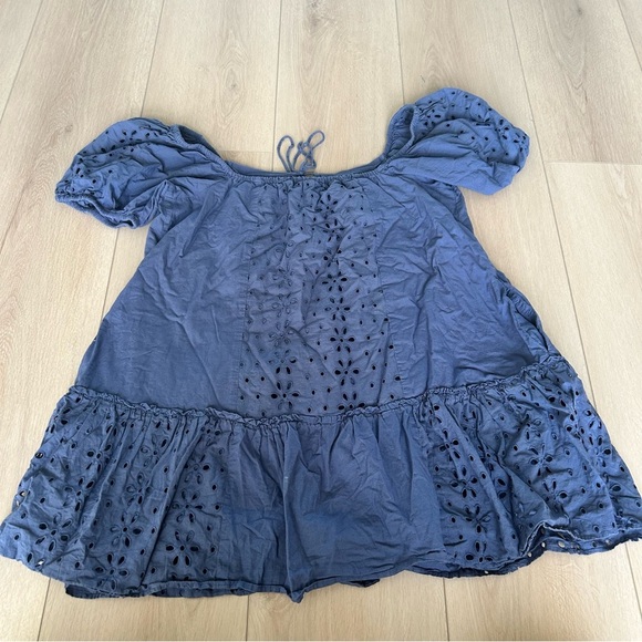 AE American Eagle Blue Eyelet Puff-Sleeve Swing Mini Dress Large Pockets Lined - Picture 8 of 9